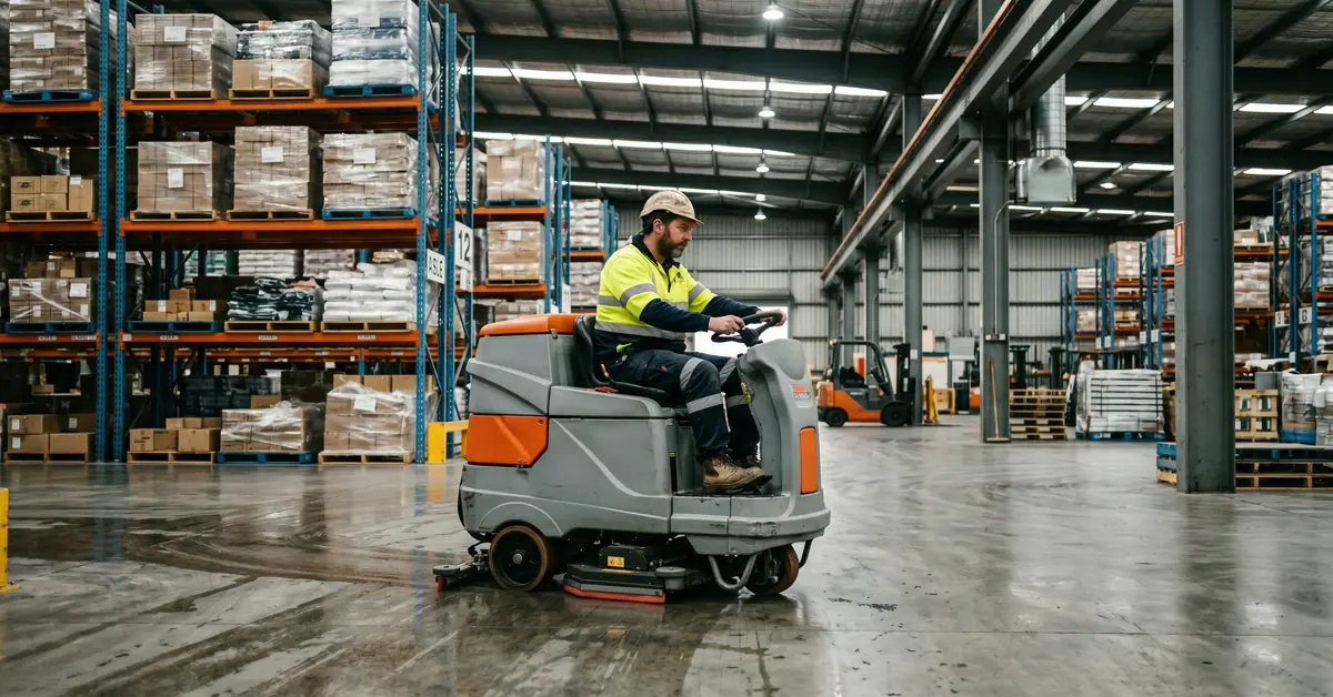Industrial cleaner with commercial floor scrubber in warehouse wearing hi-vis