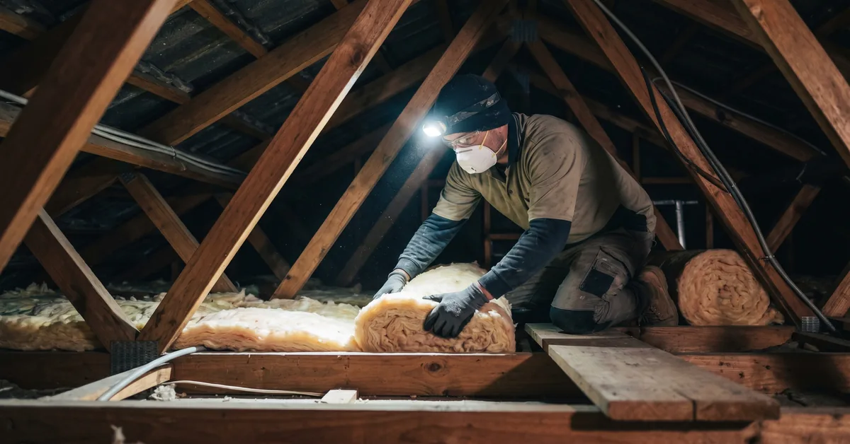 Insulation installer in ceiling cavity rolling out batts between joists