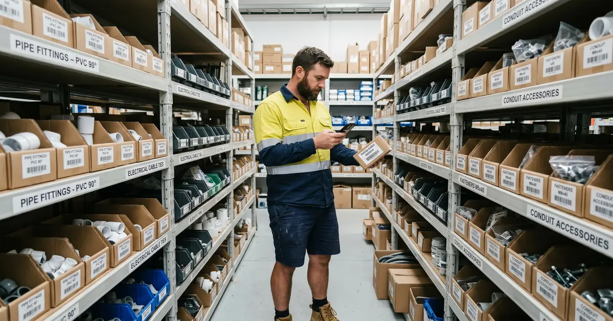 Tradie scanning materials inventory with phone app in organised trade storage room