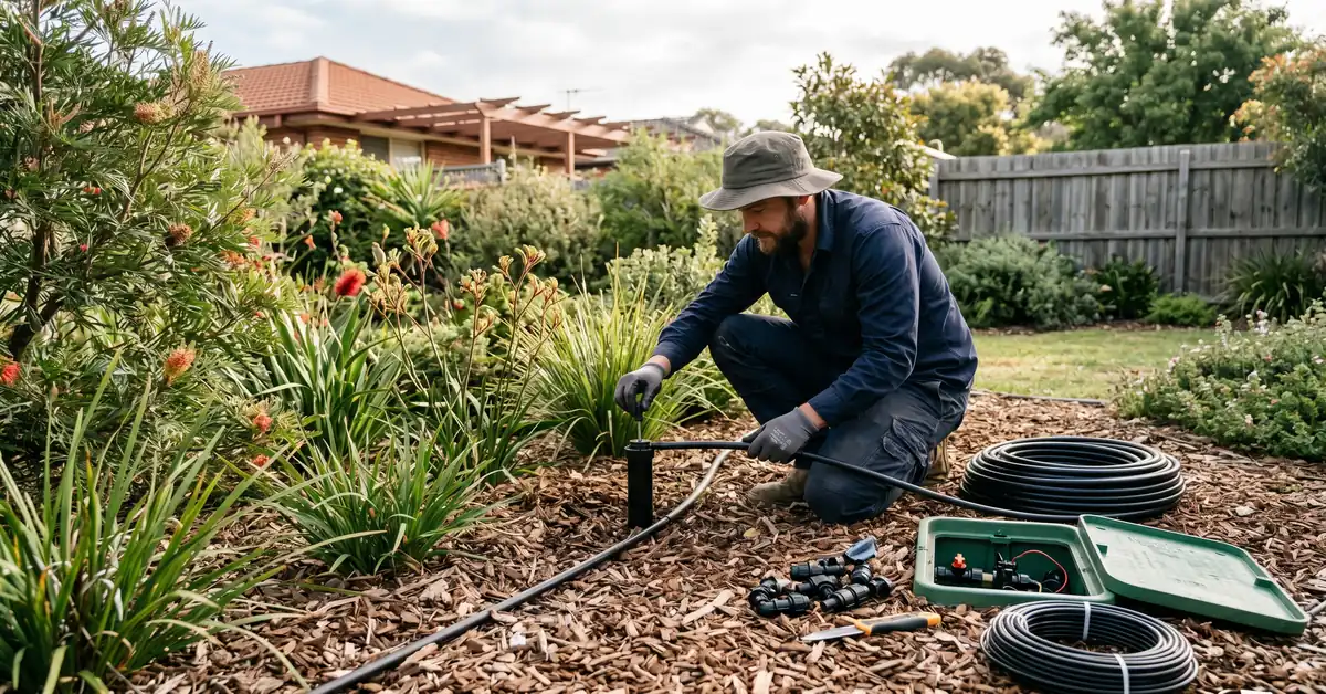 Irrigation technician adjusting sprinkler heads in landscaped garden