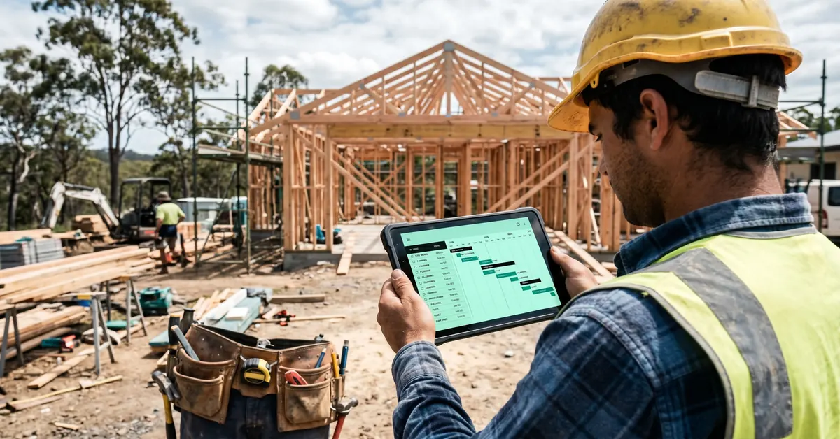 Tradie using job management software on tablet at residential building site