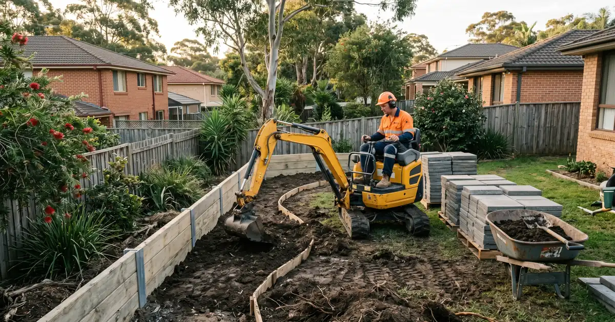 Landscaper operating mini excavator shaping garden beds in suburban backyard