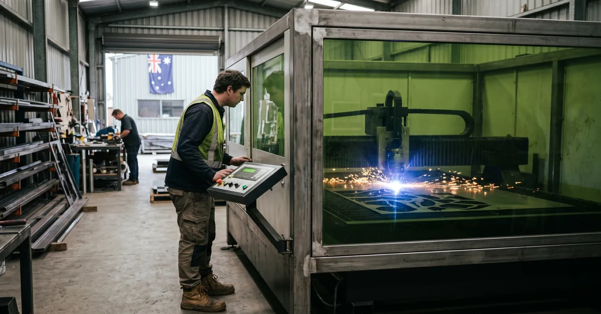 Operator monitoring CNC laser cutter processing steel sheet through safety glass
