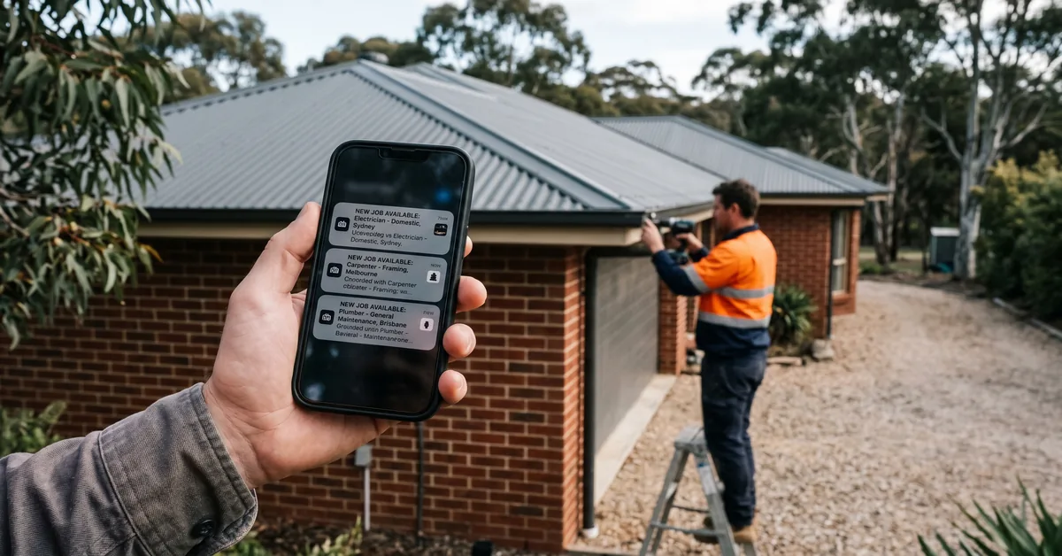 Tradie receiving new job leads on phone while working at residential property
