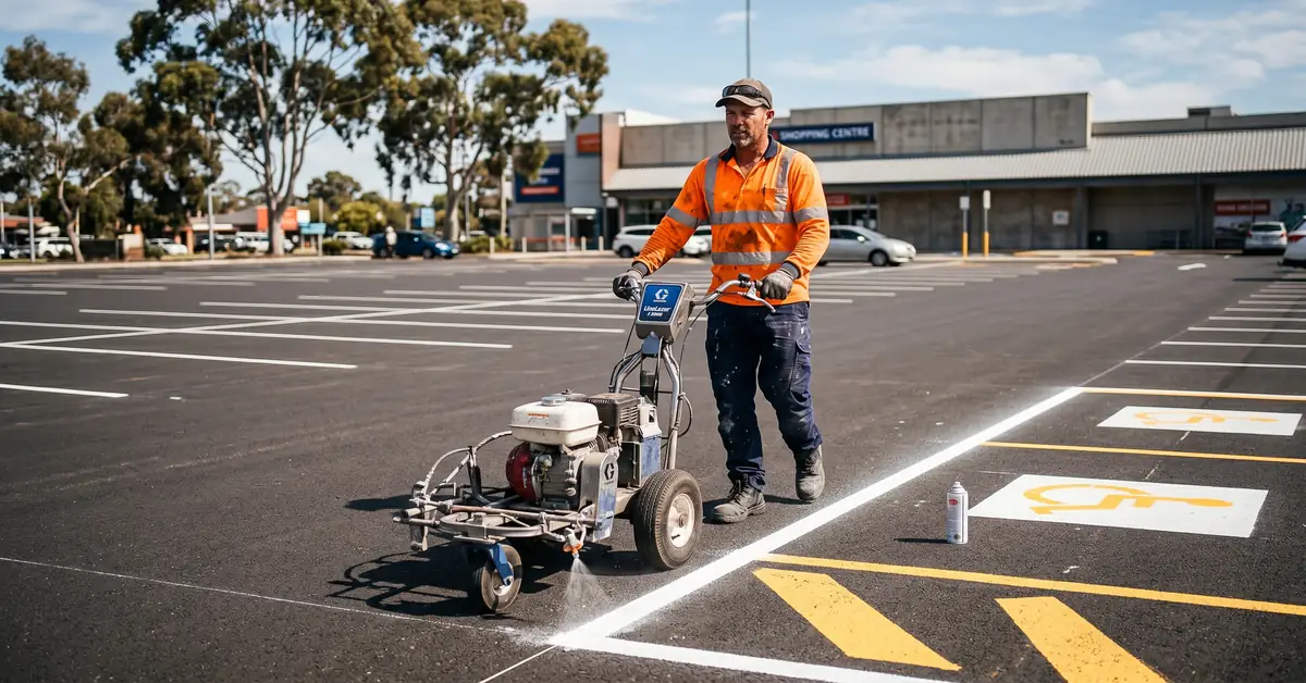 Line marking operator painting fresh white lines on commercial car park