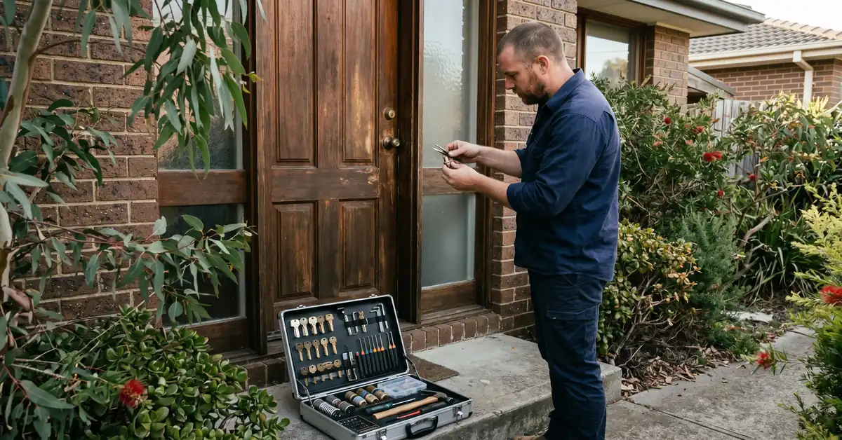 Locksmith at residential front door rekeying lock with tool case open and key blanks visible