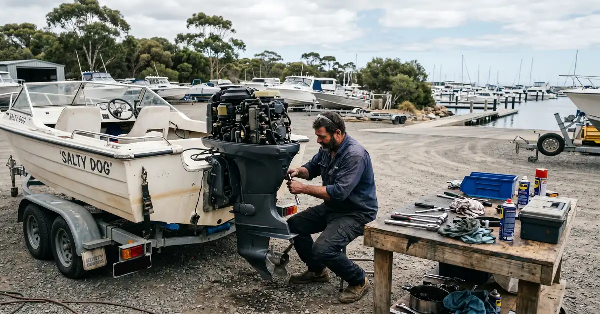 Marine mechanic working on outboard motor at boat yard with engine cowling removed