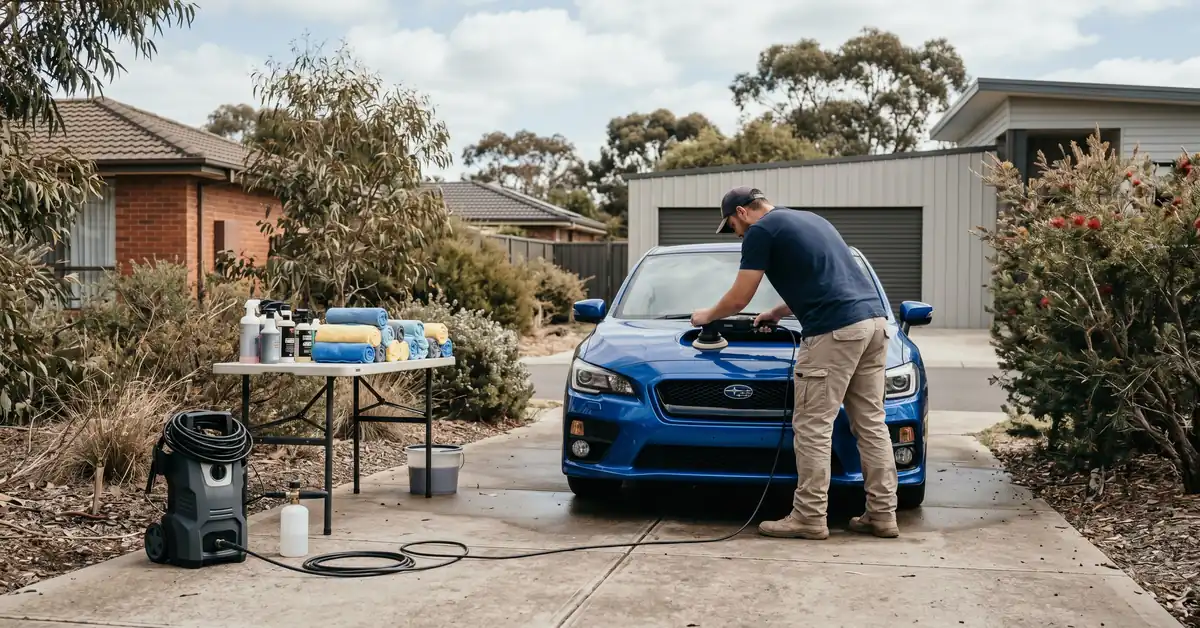 Mobile detailer polishing vehicle with DA polisher in client driveway