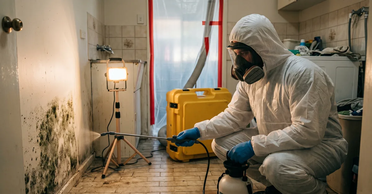 Mould remediator in respirator treating wall with HEPA air scrubber in background