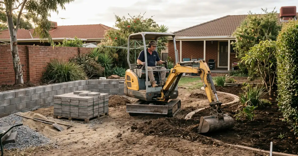 Landscaper working in Australian suburban backyard