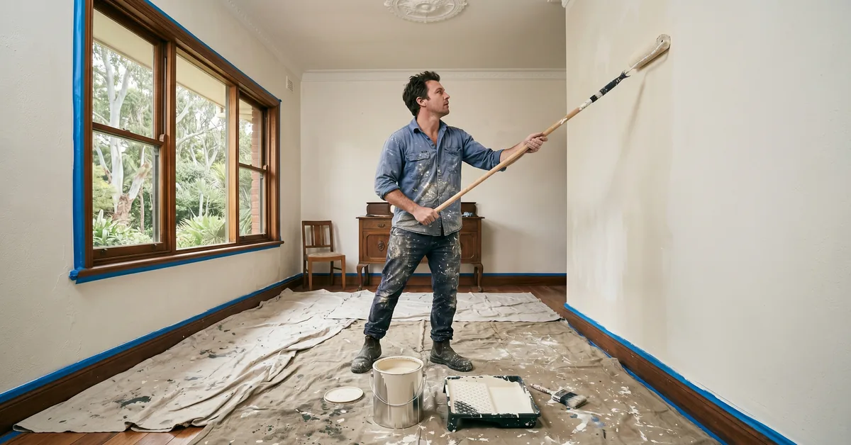Painter rolling interior wall with fresh coat and drop sheets down