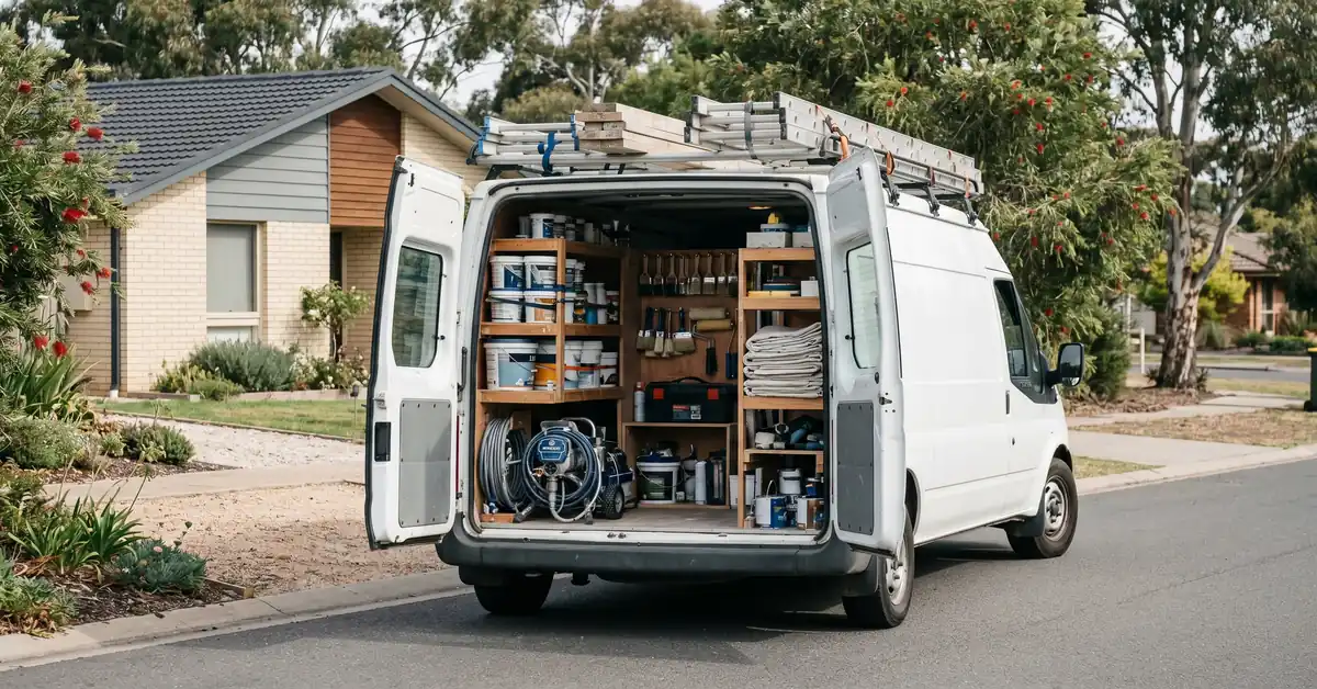 Painter's van with rear doors open showing paint buckets and spray equipment