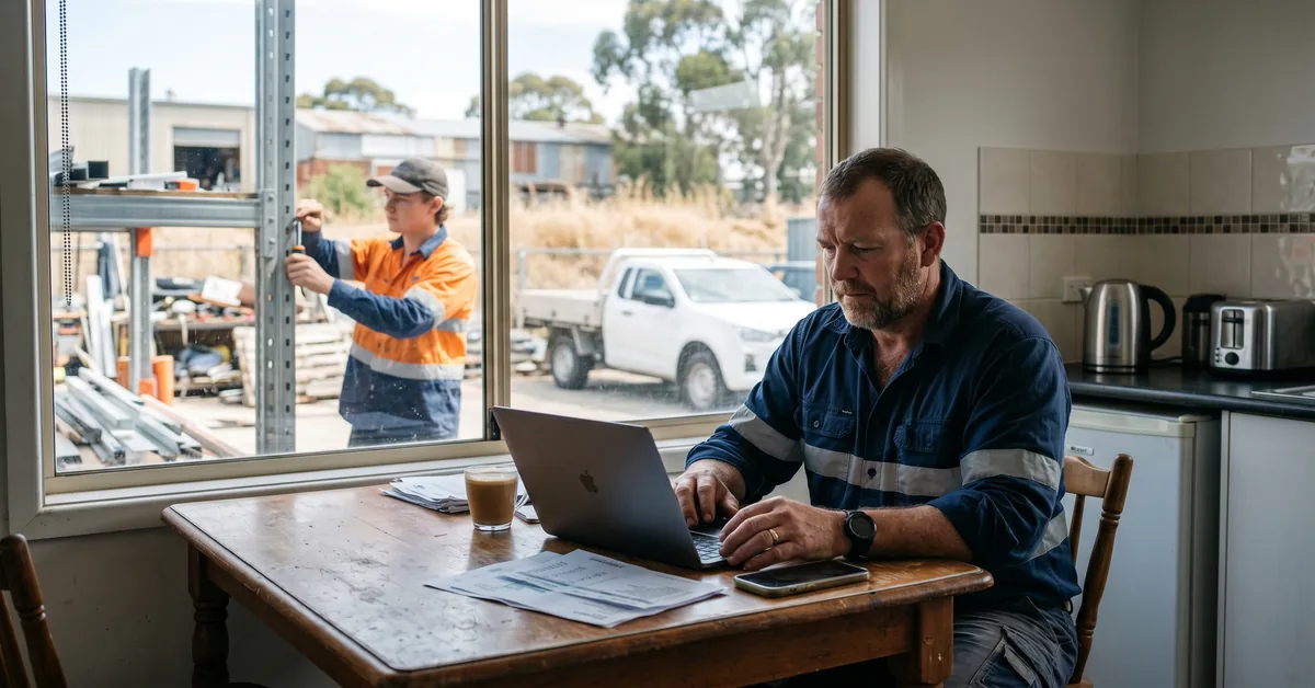 Trade business owner processing payroll on laptop with team working in background