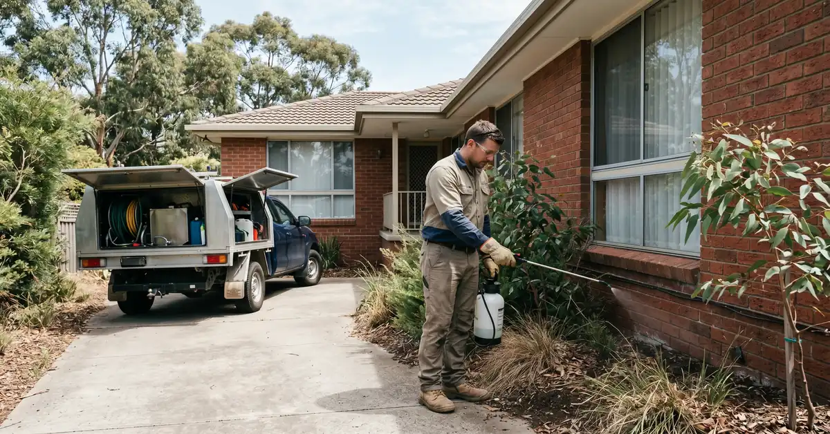 Pest controller spraying perimeter treatment around residential property foundation