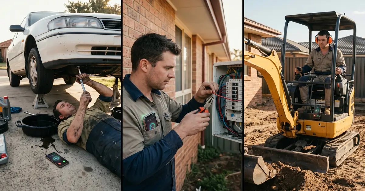 Three tradies unable to answer ringing phones while working with hands full across different job sites