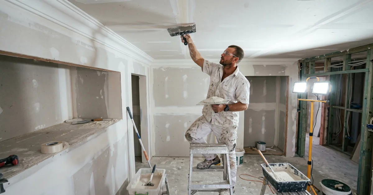 Interior plasterer finishing plasterboard joints and cornice in residential home