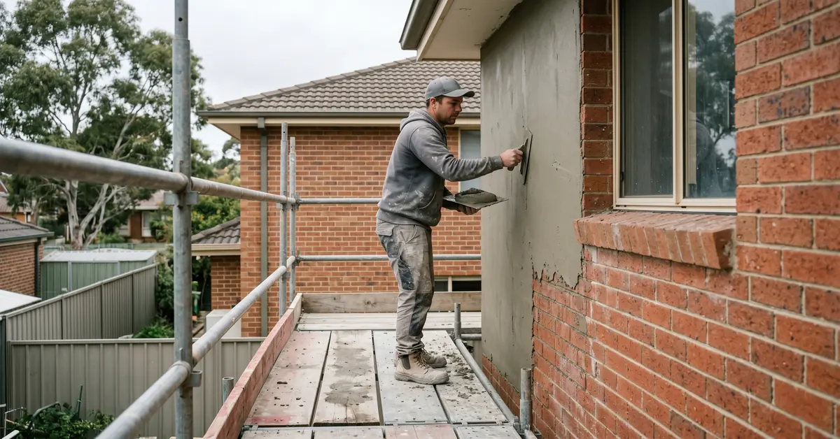 Renderer applying cement render to exterior brick wall on scaffolding