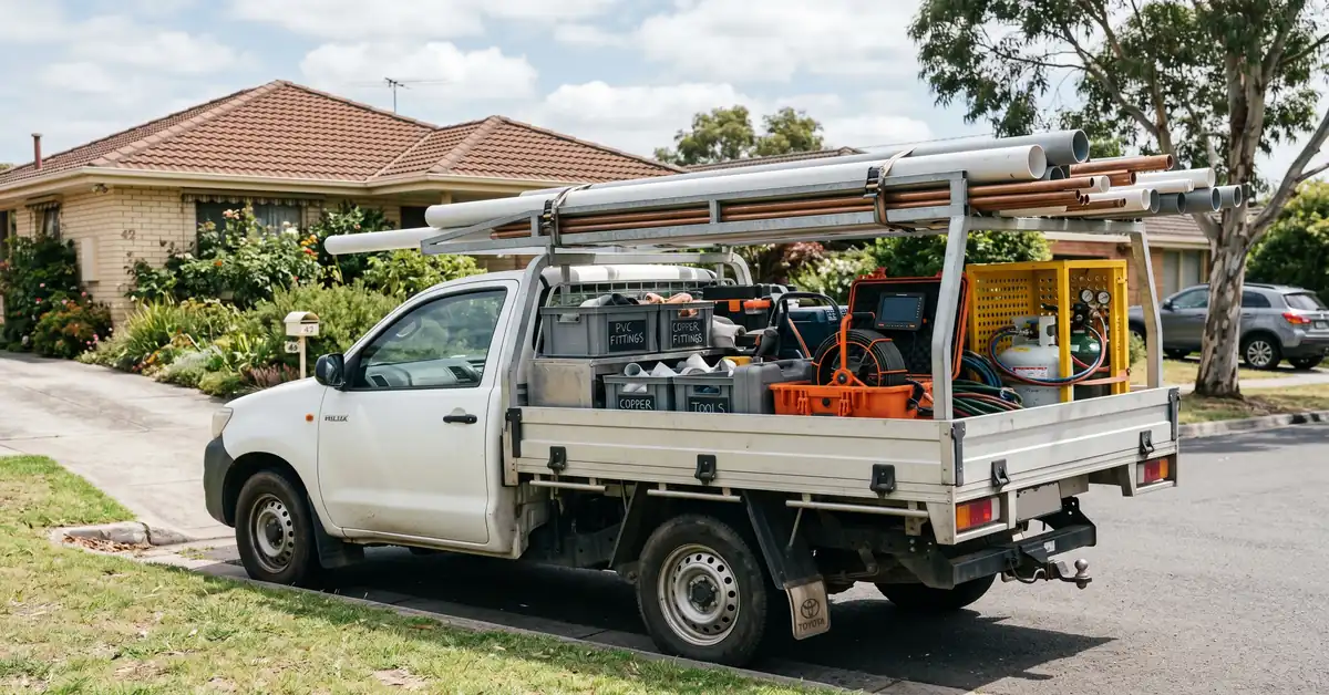 Plumber's work ute with pipe rack, PVC and copper fittings in tray storage, and drain camera