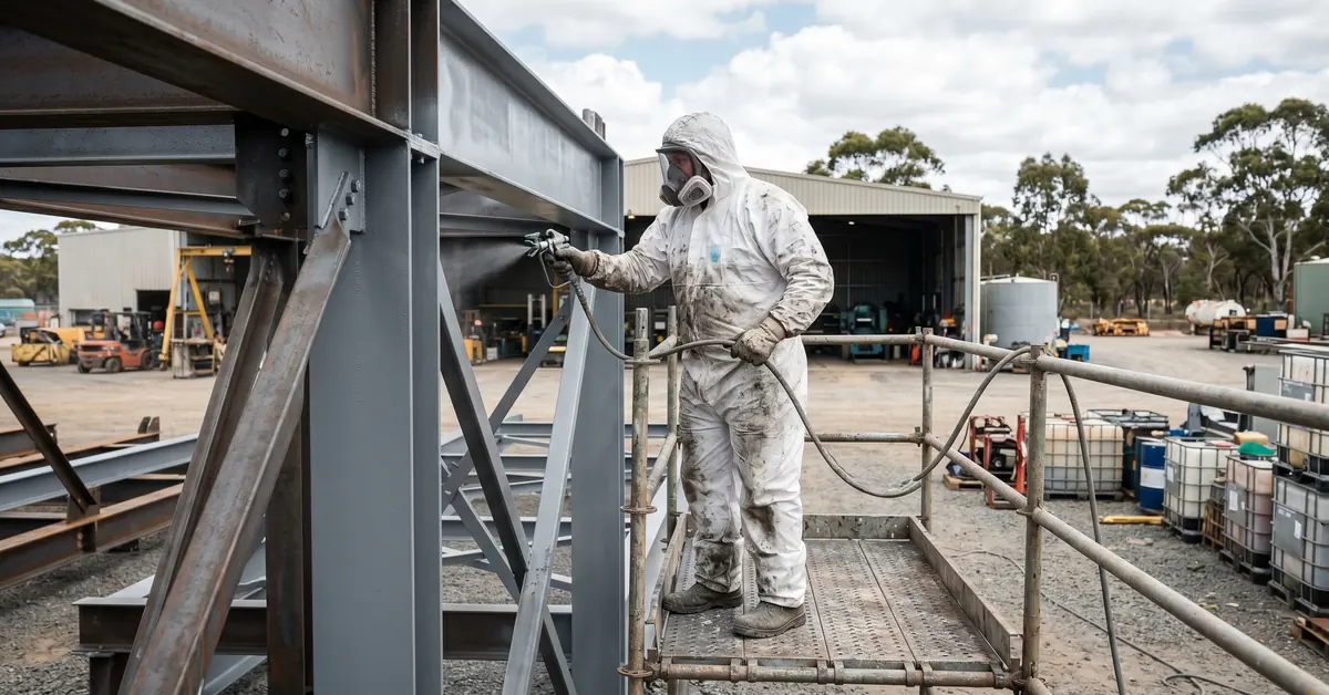 Protective coatings applicator in full PPE spray-applying industrial coating to steel structure