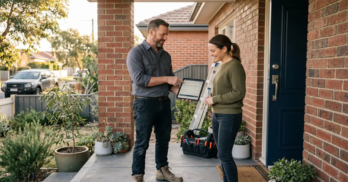 Tradie presenting a digital quote to homeowner on tablet at front door