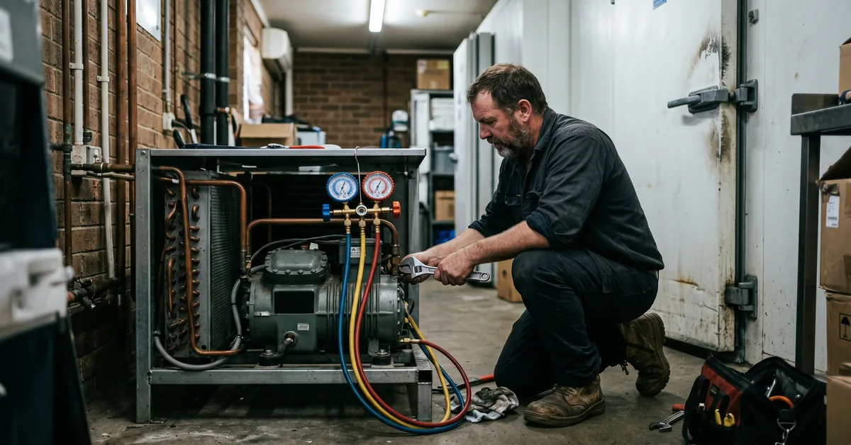 Refrigeration mechanic working on commercial cool room compressor with gauges connected