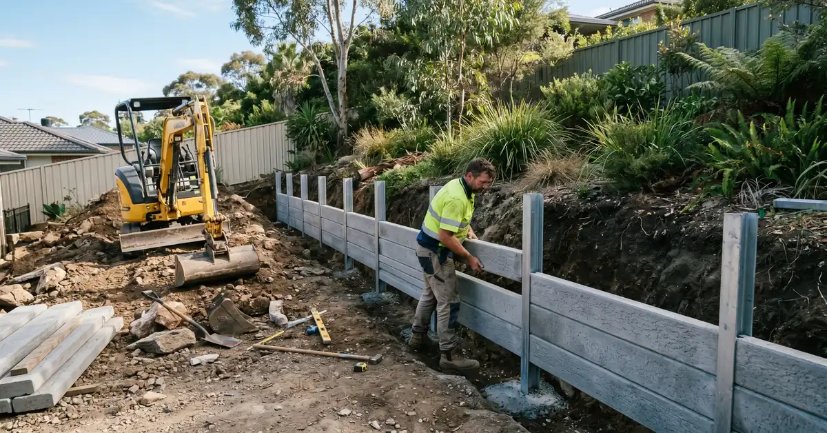 Landscaper building concrete sleeper retaining wall in sloped backyard with mini excavator