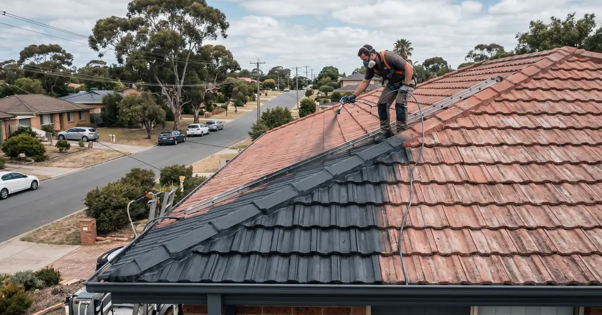 Roof restorer spray-coating residential tile roof showing before and after contrast