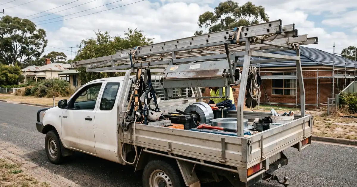 Roofer's ute with long ladder on roof rack, safety harnesses, and sheet metal brake