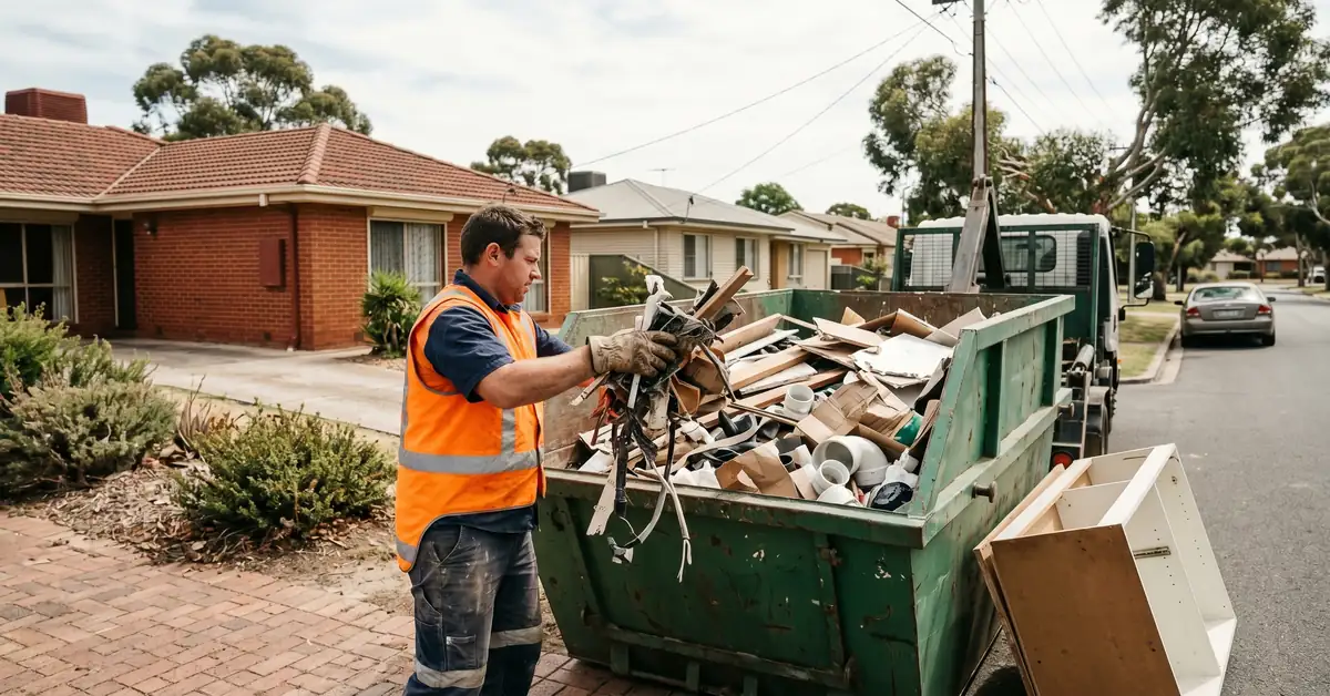 Operator loading household waste into skip bin truck from residential front yard