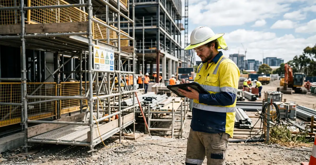 Tradie completing digital safety compliance checklist on tablet at construction site