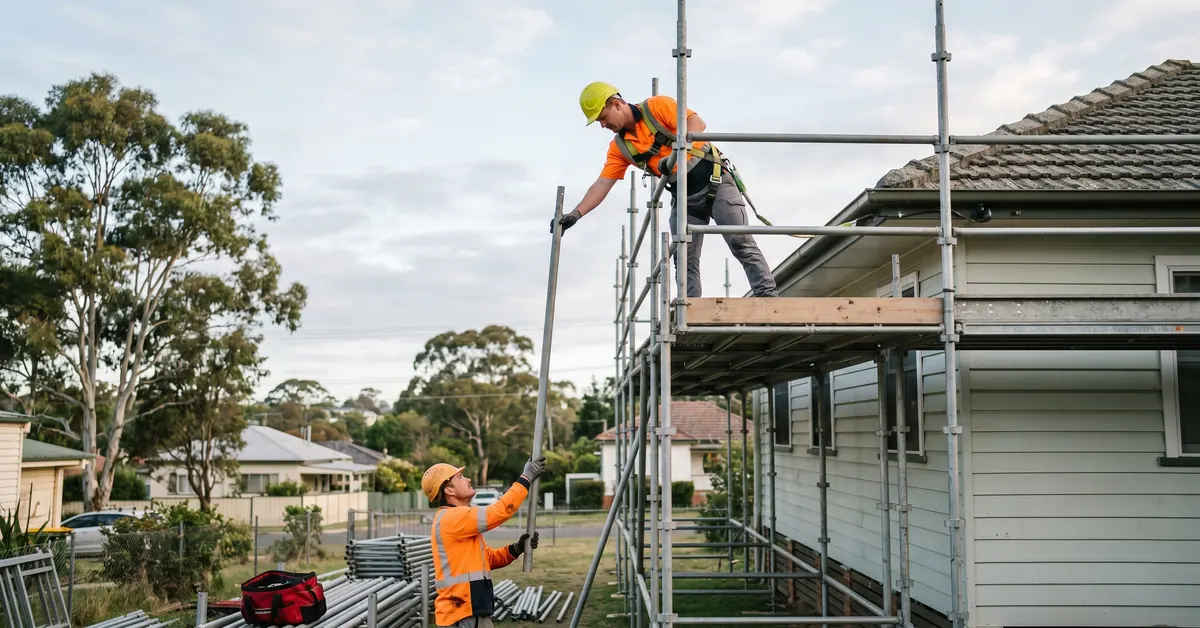 Scaffolder assembling steel scaffold frames on two-storey house with harness and hard hat