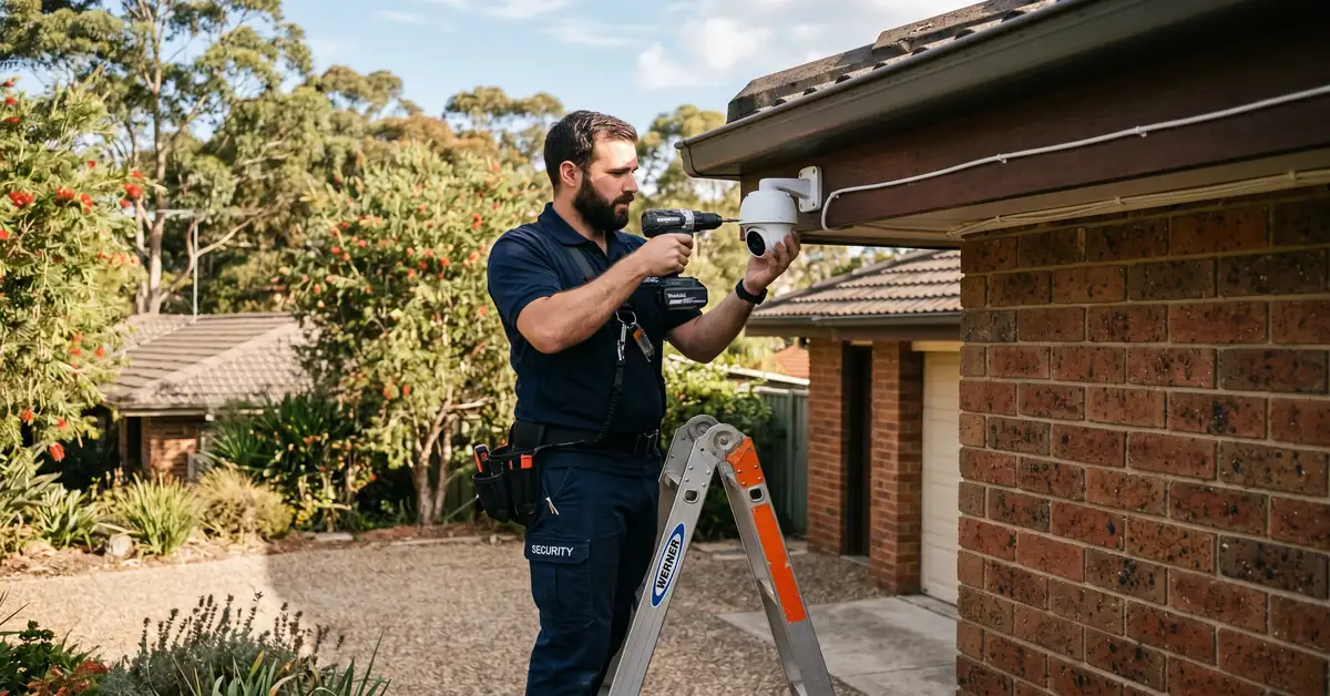 Security installer mounting CCTV camera on residential eaves