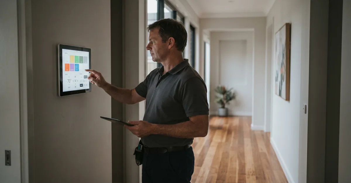 Technician configuring smart home wall panel showing lighting and climate controls
