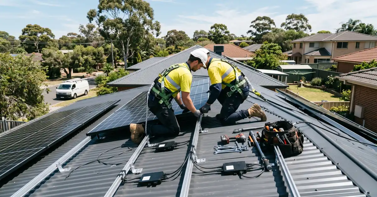 Solar installer mounting panels on Colorbond roof with racking system visible