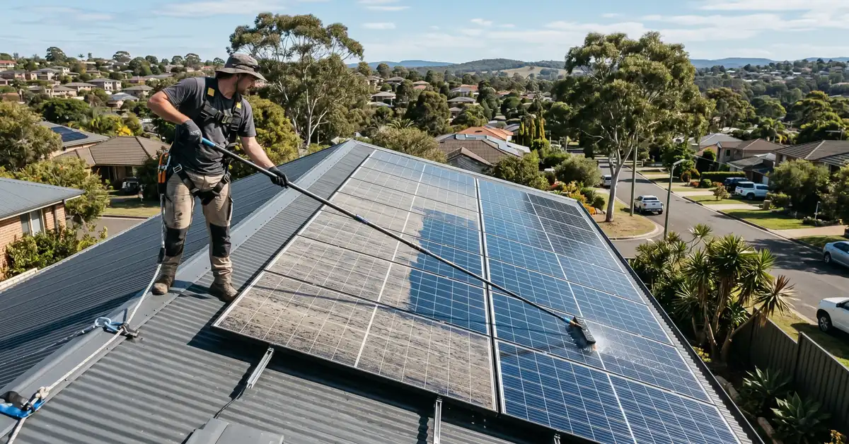 Technician on residential roof cleaning solar panels with water-fed brush showing contrast