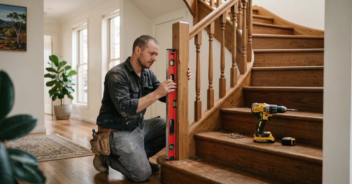 Tradesperson installing timber balustrade on internal staircase with spirit level