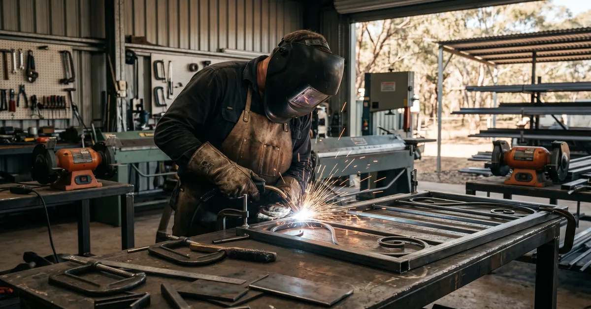 Steel fabricator in welding mask working at bench with sparks from MIG weld