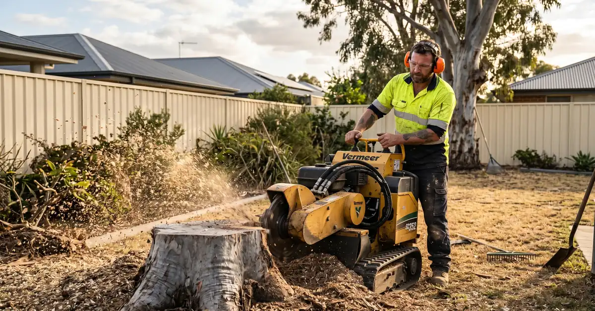 Operator guiding stump grinder into eucalyptus tree stump with wood chips spraying