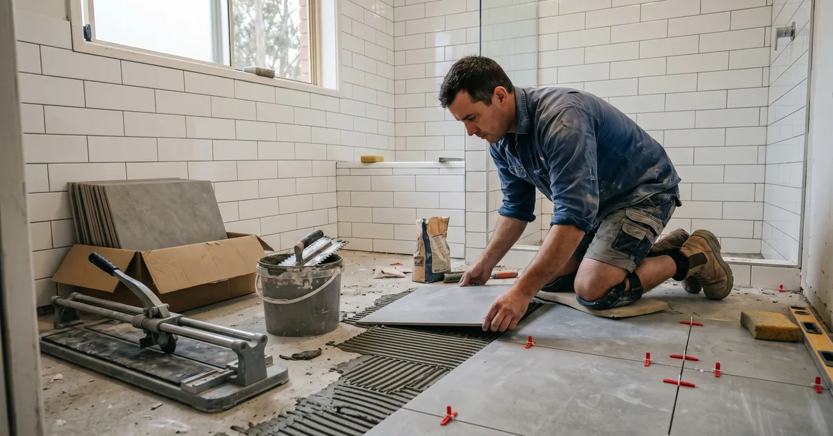 Tiler on knees laying large floor tiles in bathroom with spacers and notched trowel
