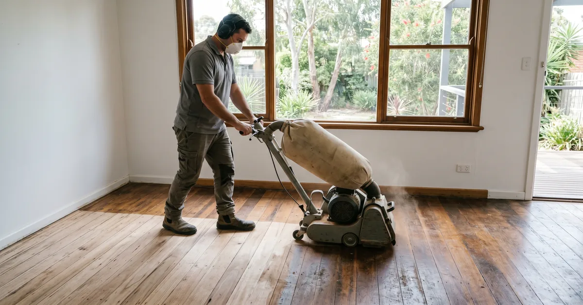 Floor sander operating drum sander on hardwood floorboards in living room