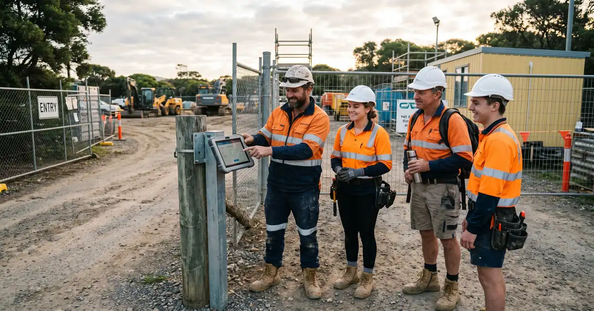 Trade crew clocking in on GPS time tracking app at job site entrance