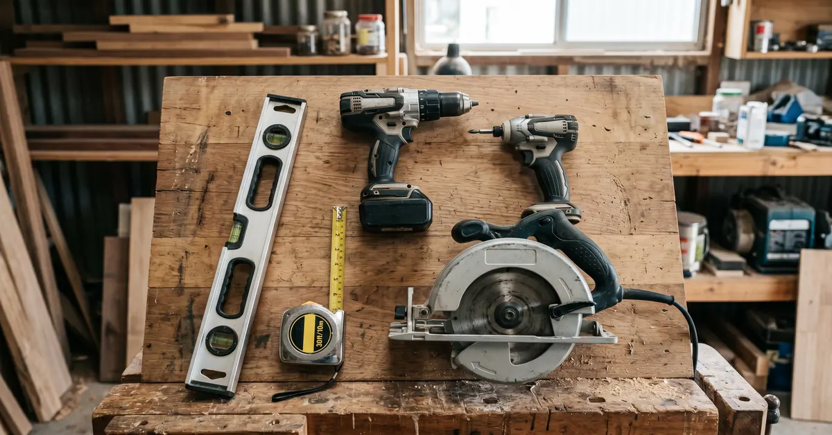 Premium power tools and hand tools arranged on clean trade workshop bench