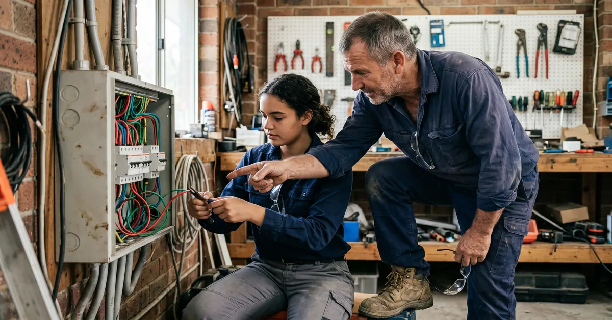 Experienced tradie mentoring apprentice on electrical work at job site