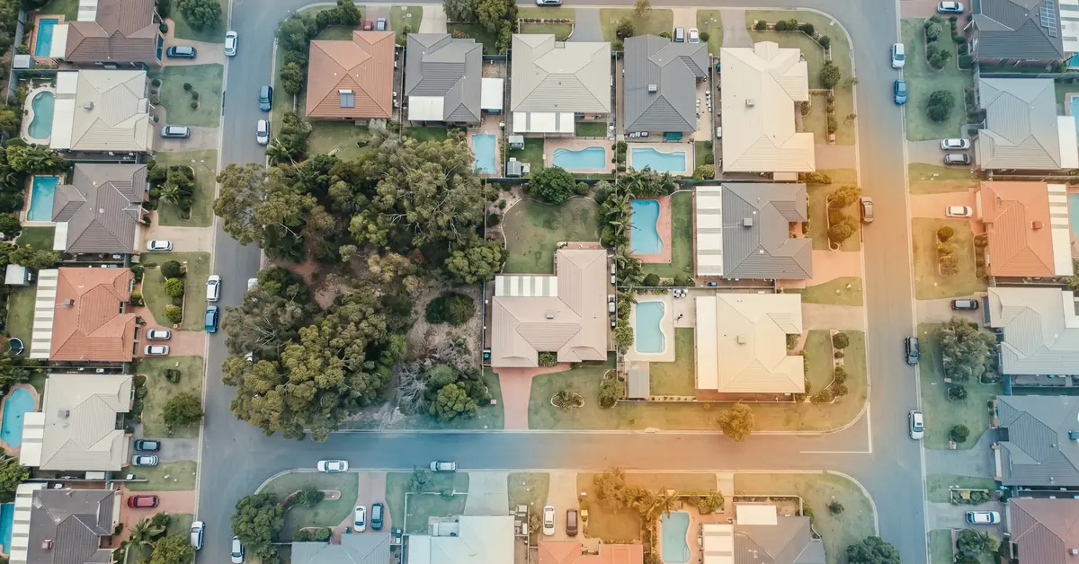 Aerial view of Australian suburb with demand analysis overlay for trade businesses