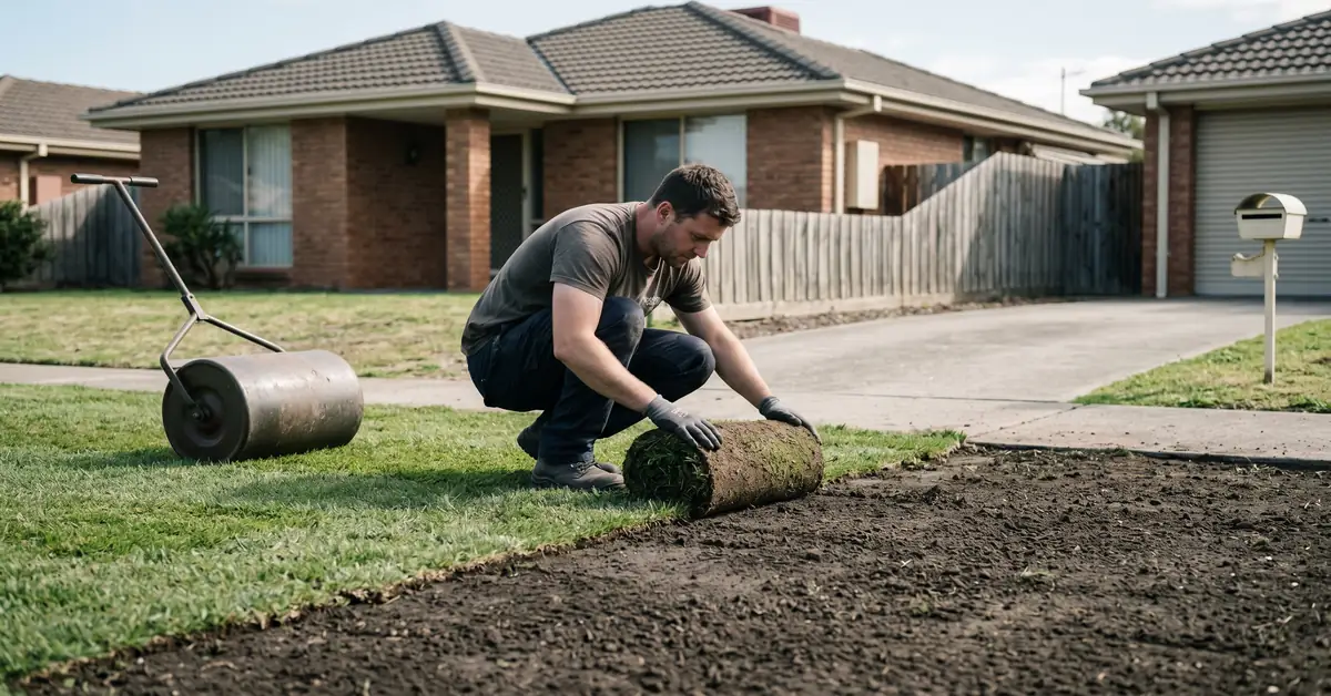 Turf layer unrolling fresh turf rolls onto prepared soil in residential yard