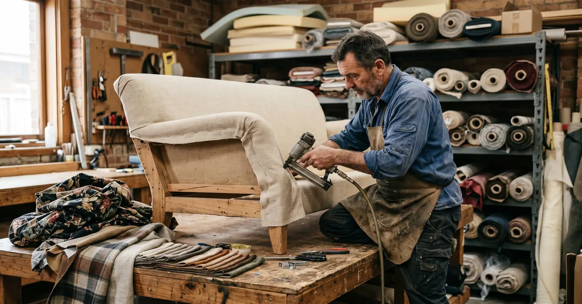 Upholsterer restapling fabric on sofa frame in workshop with staple gun and swatches