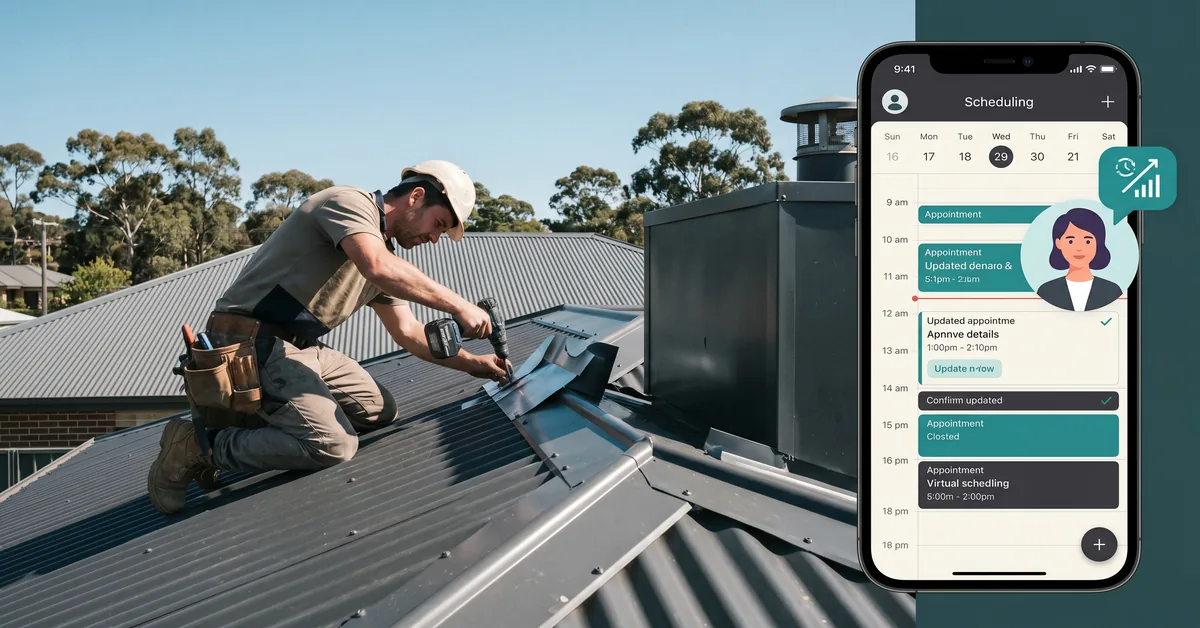 Tradie working on roof while virtual assistant handles scheduling and calls