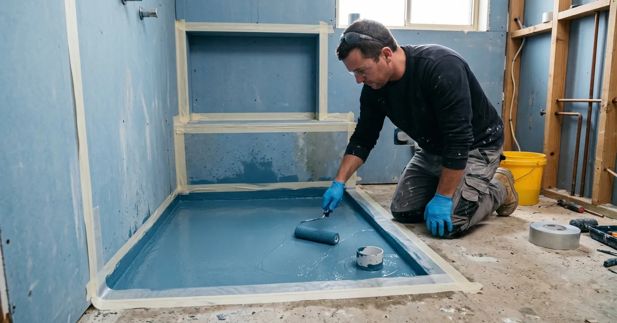 Waterproofer applying membrane to shower floor with roller and blue-grey membrane visible